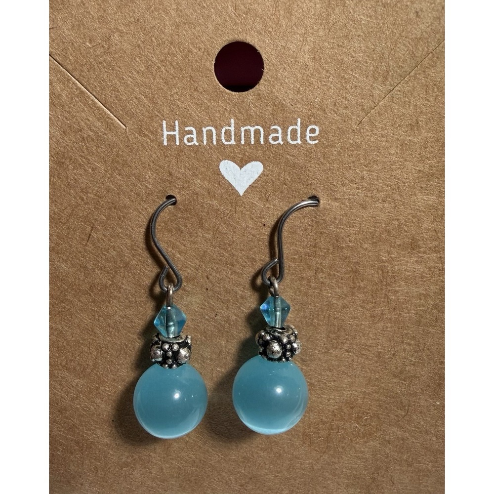 Handcrafted Artisan Aqua Blue Beaded Drop Dangle Earrings Boho Silver Tone